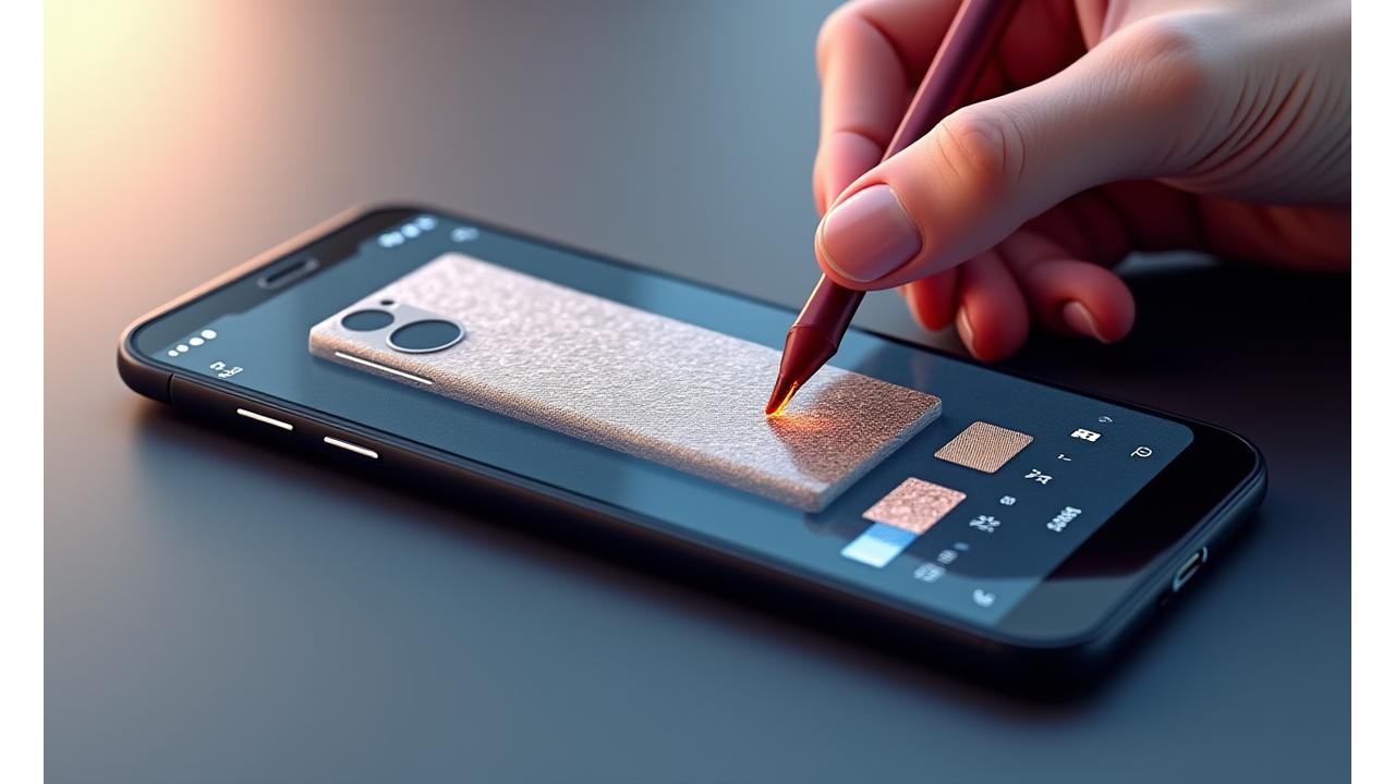 Digital interface of a smartphone customization tool showcasing material options like gold and carbon fiber