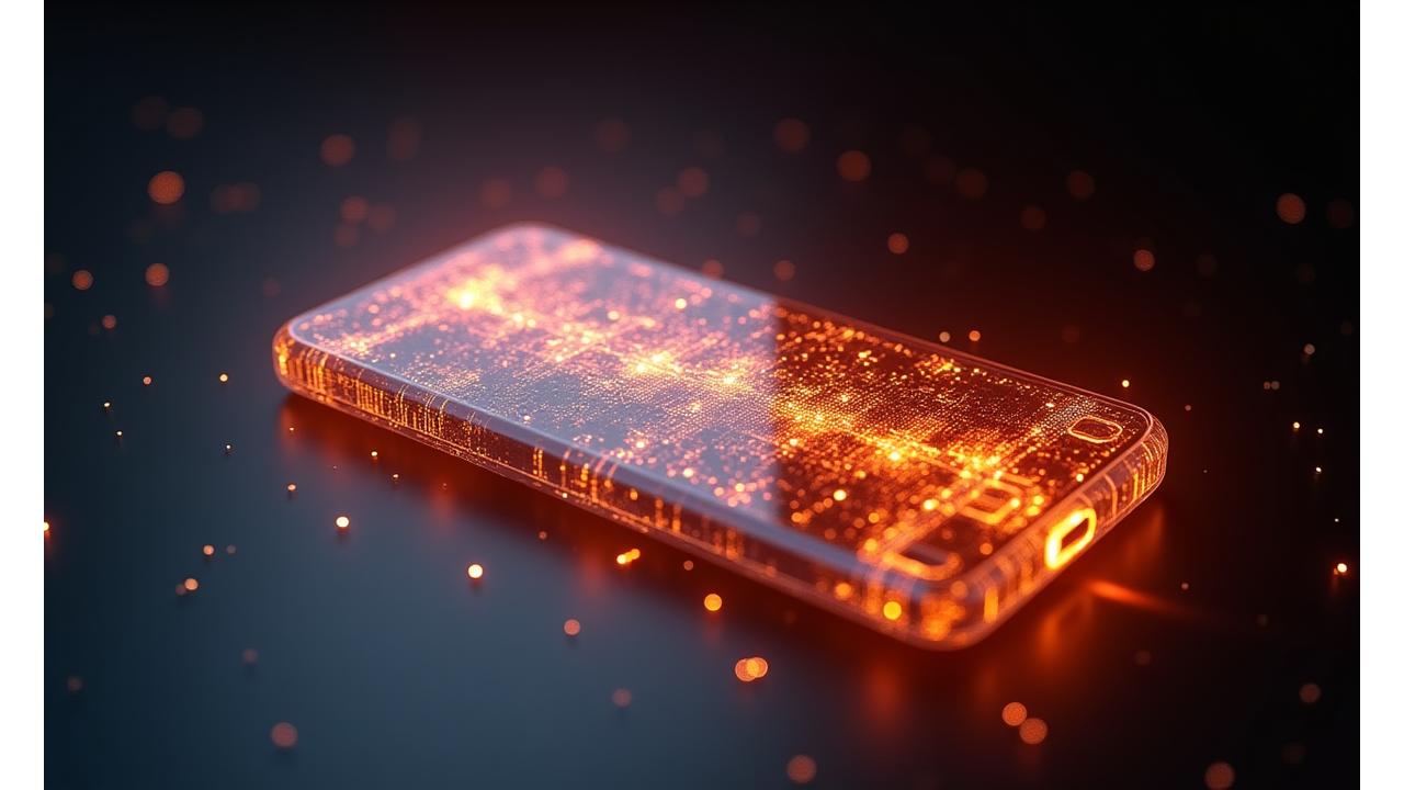 Abstract render of a high-performance smartphone's internal components glowing with efficient energy