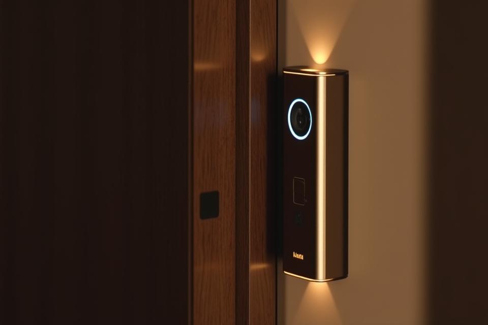 Sleek smart home security camera discreetly placed in a modern a living space.