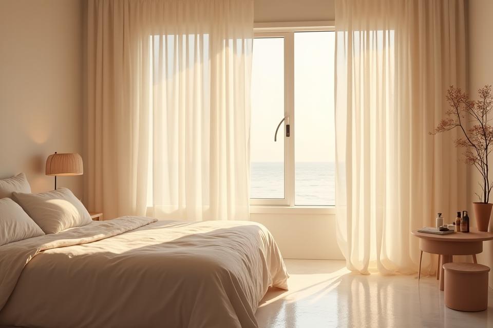 Modern bedroom with smart lighting and climate control features, promoting wellness.