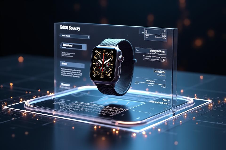 A 3D rendering interface showing a luxury smartwatch being customized with different materials and finishes, with color swatches and engraving options