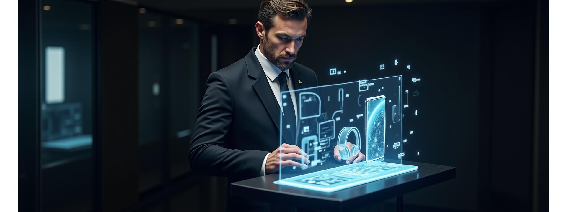 Sophisticated gentleman navigating a holographic, interactive digital showroom display, surrounded by luxury tech